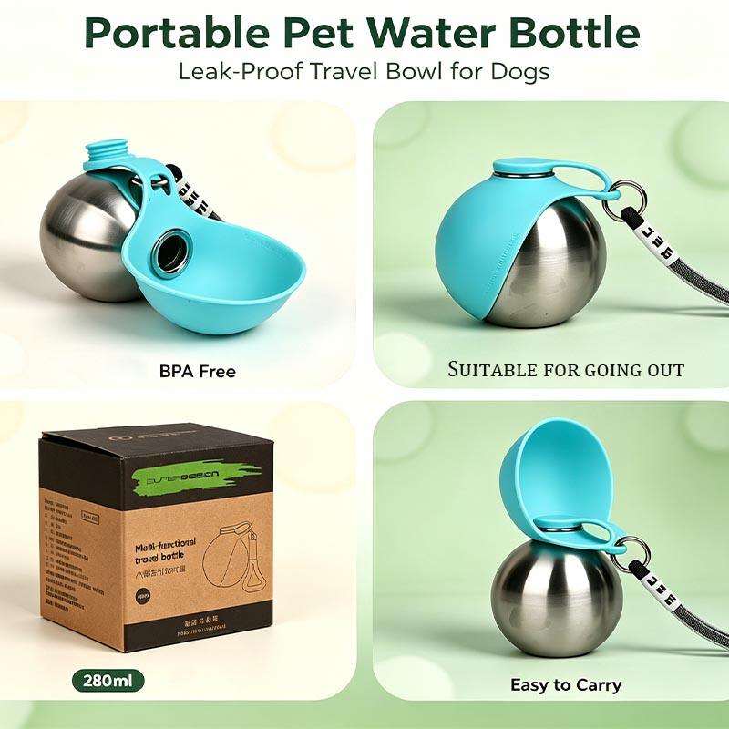 280ml 2 in 1 Pet Travel Water Bottle Stainless Steel Pet Water Dispenser