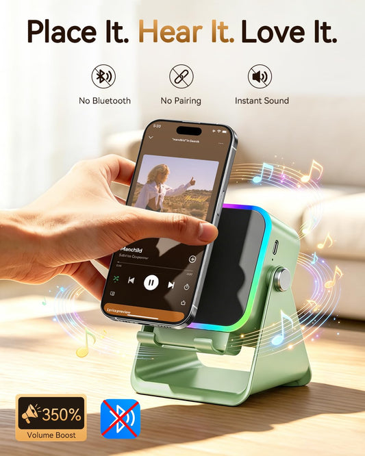 5‑in‑1 Inductive Phone Speaker Stand, No‑Pairing Instant Sound Desktop Phone Holder with RGB Ambient Light, Adjustable Angle Smartphone Stand for Desk