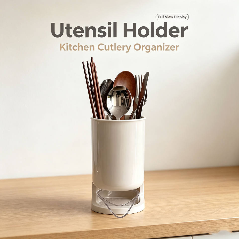 Stylish Utensil Holder with Removable Drain Tray, Kitchen Countertop Chopstick Cutlery Drying Storage Caddy