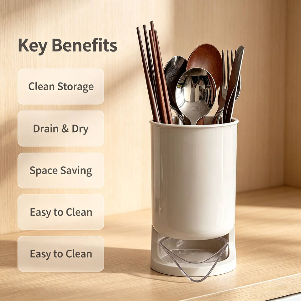 Stylish Utensil Holder with Removable Drain Tray, Kitchen Countertop Chopstick Cutlery Drying Storage Caddy