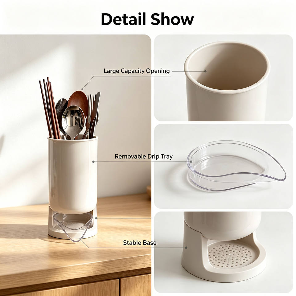 Stylish Utensil Holder with Removable Drain Tray, Kitchen Countertop Chopstick Cutlery Drying Storage Caddy