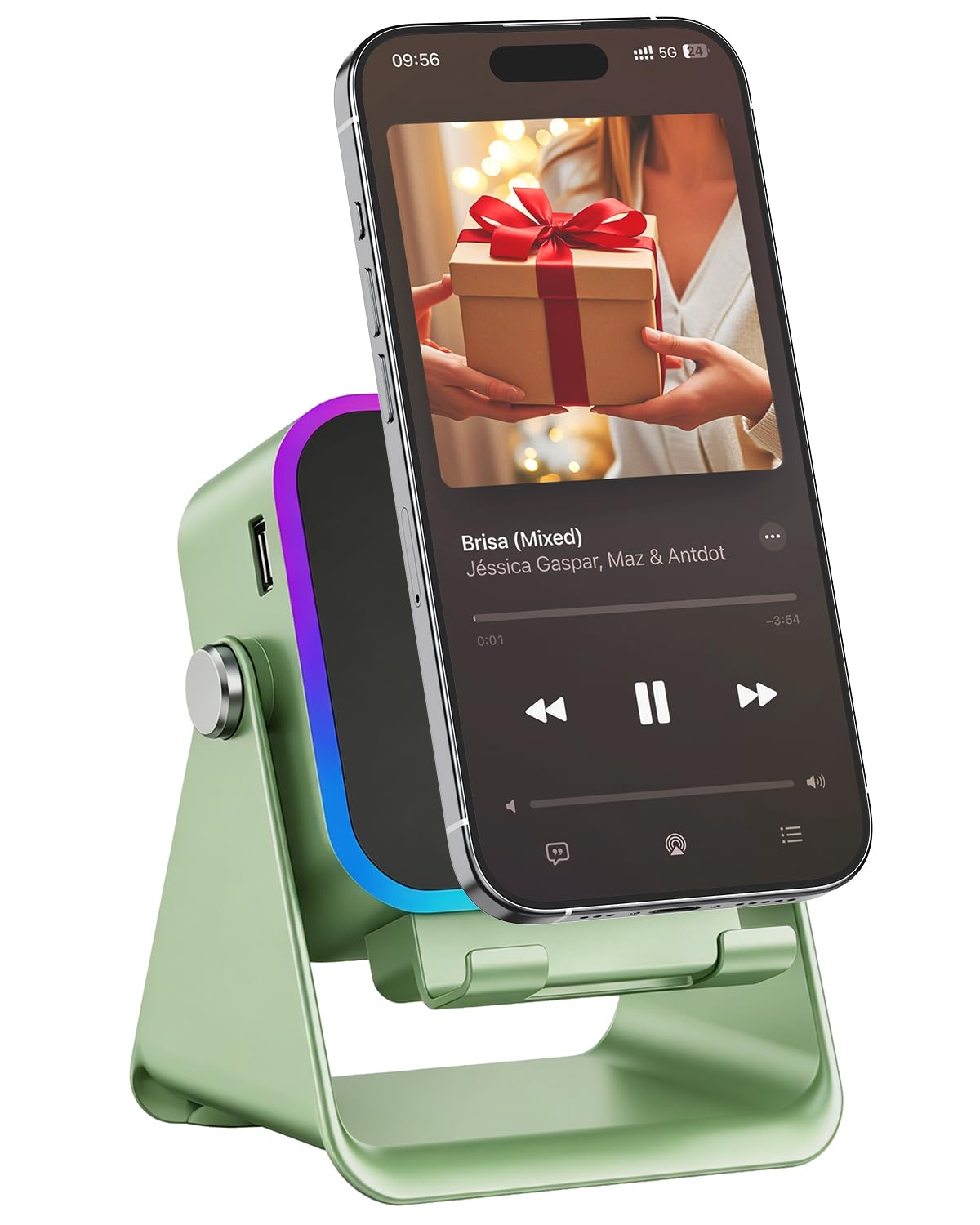 5‑in‑1 Inductive Phone Speaker Stand, No‑Pairing Instant Sound Desktop Phone Holder with RGB Ambient Light, Adjustable Angle Smartphone Stand for Desk